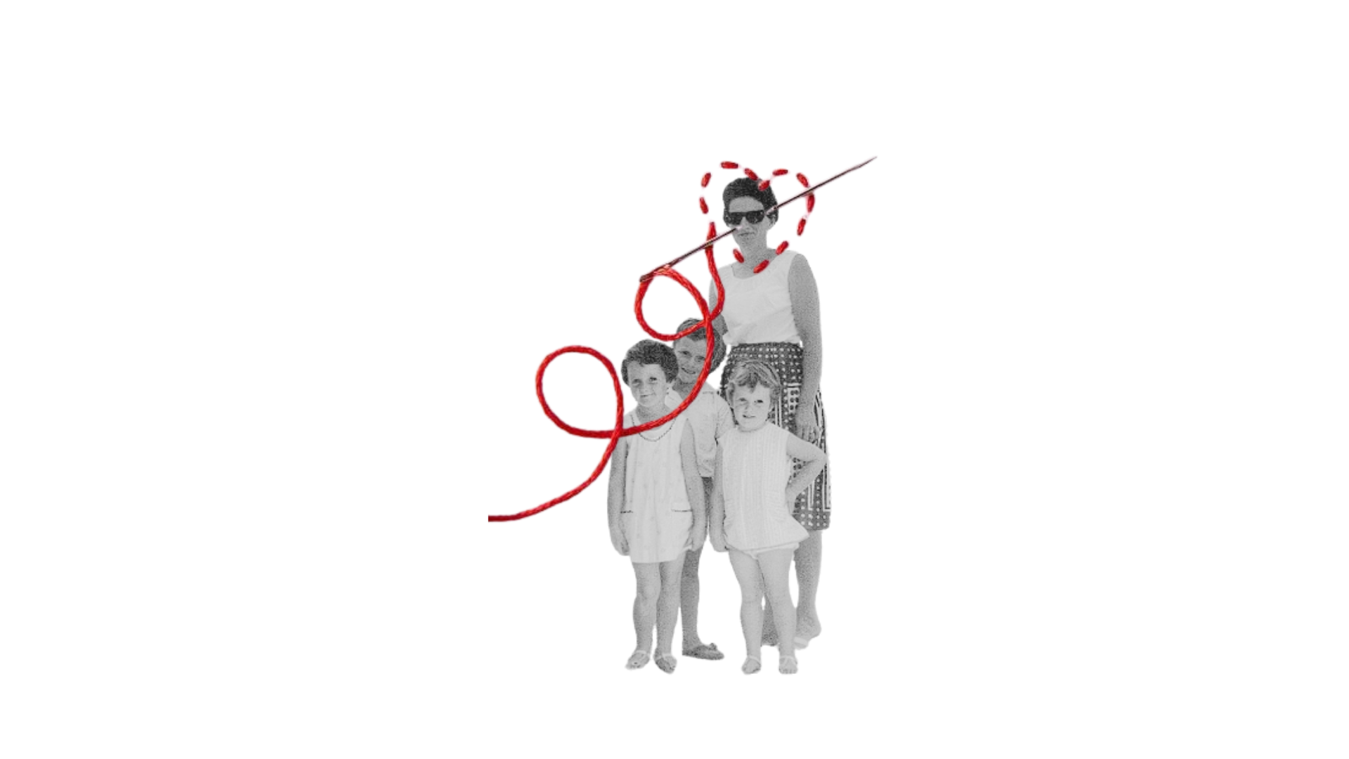 Stitched black and white family photograph of Rachel's maternal grandmother, with red thread sewn through the image.