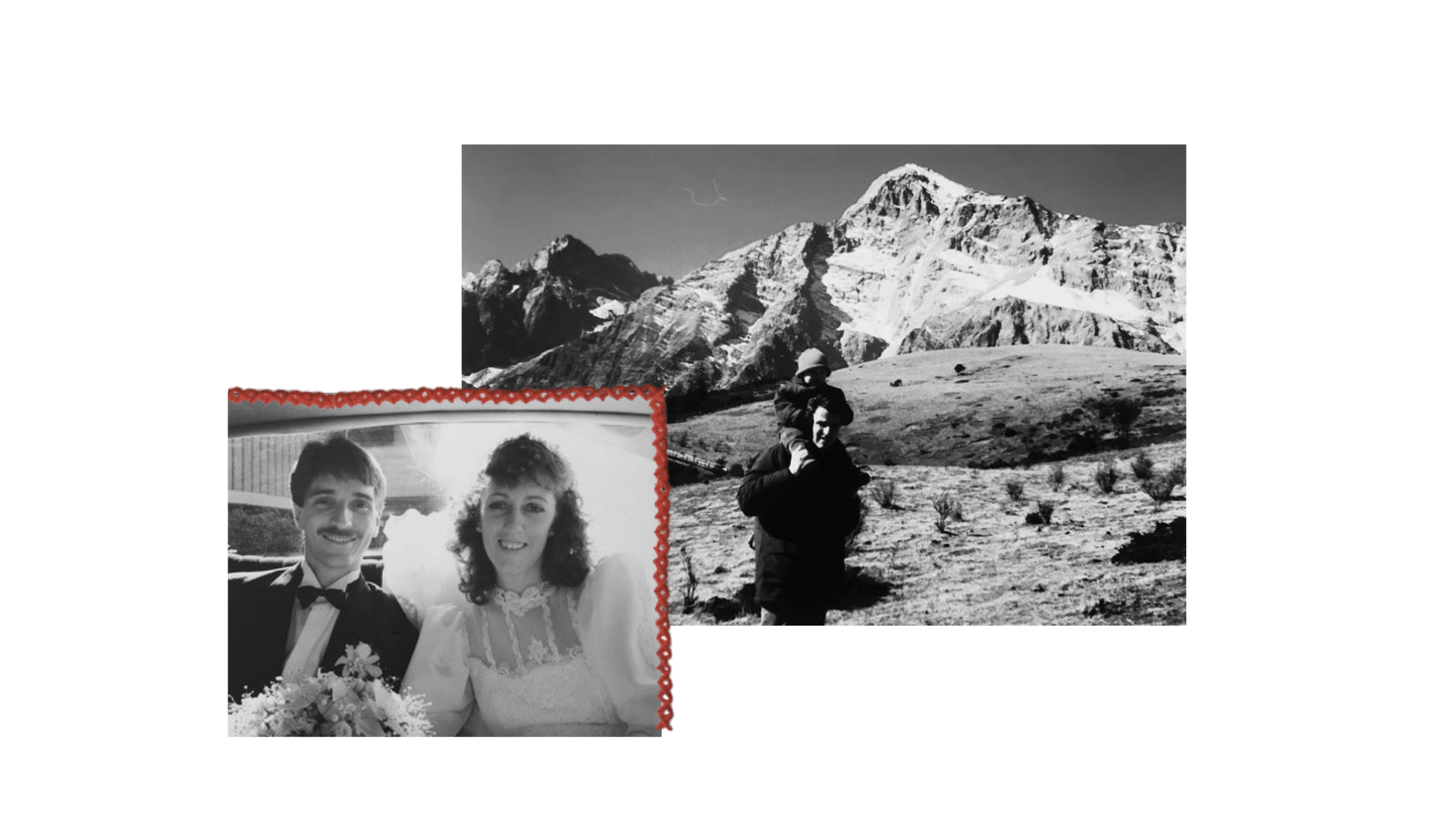Stitched black and white family photograph of Rachel's father, with red thread sewn through the image.