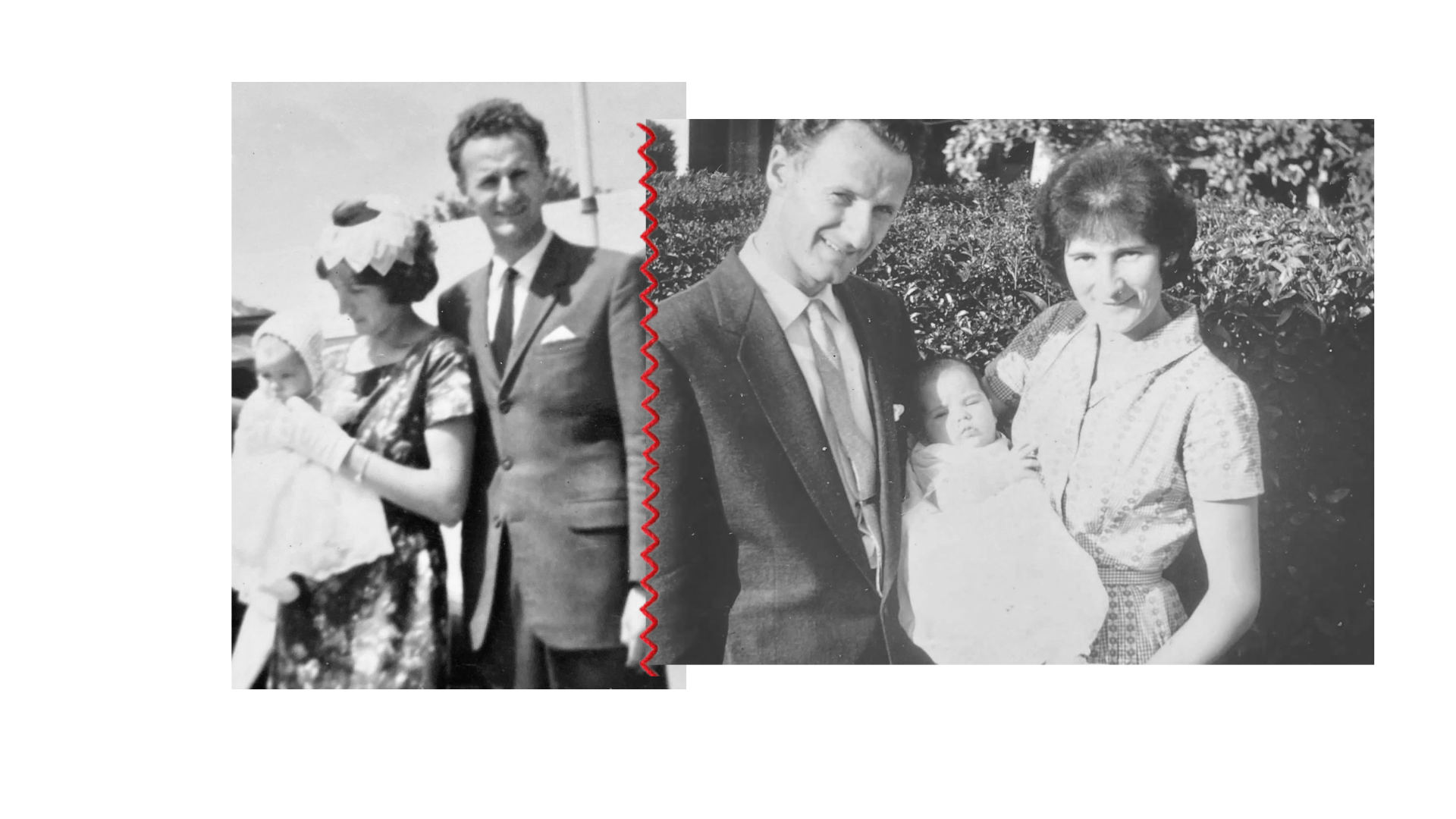 Stitched black and white family photograph of Rachel's paternal grandfather, with red thread sewn through the image.